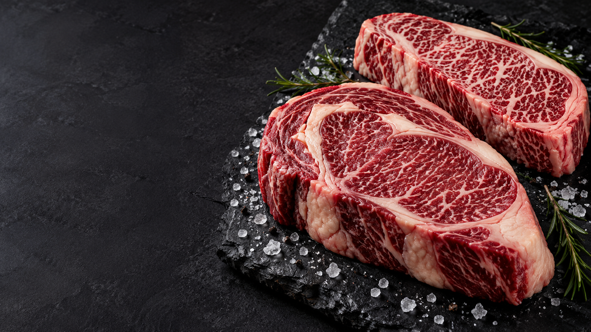 Marbled steaks on dark slate, editorial illustration